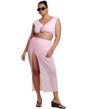 Eloquii Plus Size Mesh Maxi Asym Skirt Coverup - Pink