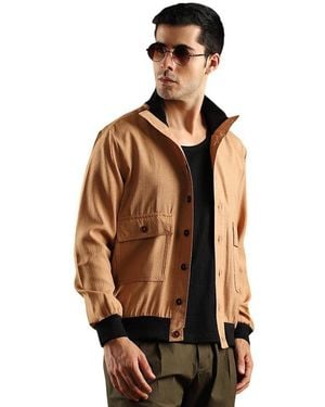 Campus Sutra Khaki Beige Tactile-utility Bomber Jacket - Metallic