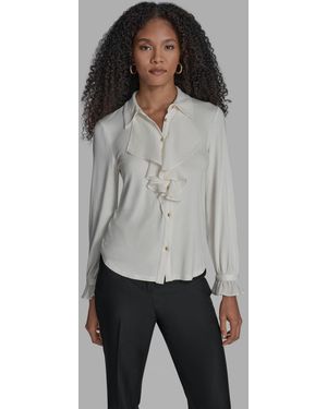 BCBGMAXAZRIA Button Down Ruffle Front Blouse - Gray