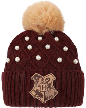 Harry Potter Hogwarts Crest & Pearl Appliques Maroon Cuff Beanie - Brown