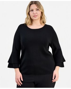 Kasper Plus Size Boat-neck Flare-cuffs Sweater - Black