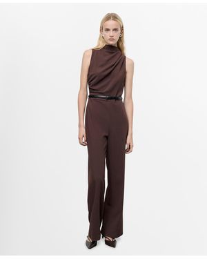 Mango Draped Neck And Belt Long Jumpsuit - Purple