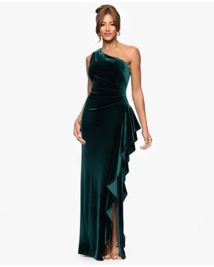 Xscape Velvet One Shoulder Long Ruffle Dress - Blue