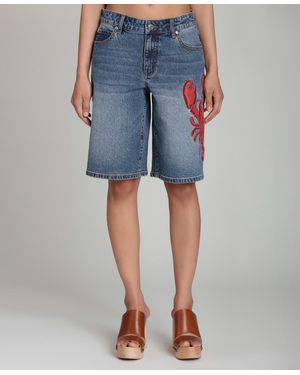 Avec Les Filles Mid-rise Lobster Embroidered Denim Shorts - Blue