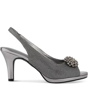 Karen Scott Women's Maralyn Fabric Peep Toe Pumps - Champagne/Navy Satin Heels, 3.25 Inch Heel, Dress Shoes With Rhinestone Detail