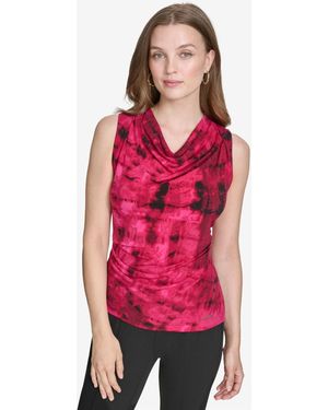 Halston Printed Asymmetric Cowlneck Top - Red