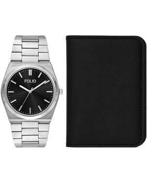 Folio Quartz Three-hand Silver Alloy Watch Set - Black