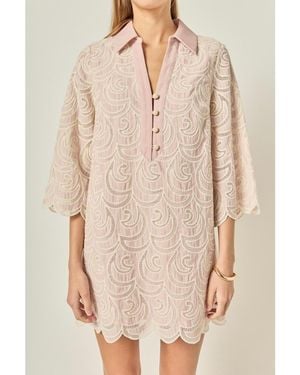 English Factory Striped Embroidered Scallop Hem Shirt Mini Dress - Natural