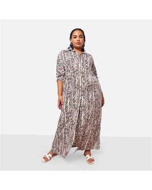 Rebdolls Plus Size Isha Bamboo Print Button Front Maxi Shirt Dress - White