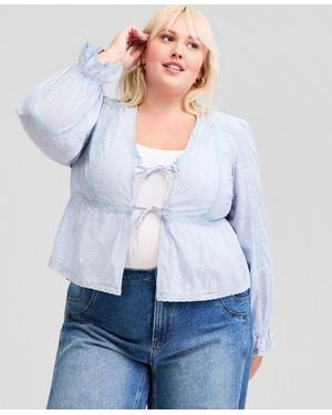 And Now This Trendy Plus Size Textured Tie-front Cotton Top - White