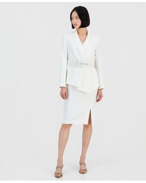 Tahari Asymmetrical Belted Jacket & Pencil Skirt Suit Set - White