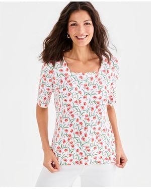 Style & Co. Printed Scalloped Square-neck Top - White