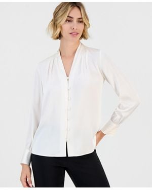 Anne Klein Satin Pleated-cuff Button-front Blouse - White