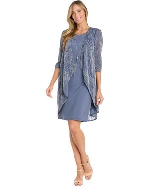 R & M Richards 2.piece Metallic Print Open-front Jacket & Scoop-neck Necklace Dress - Blue