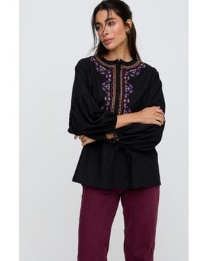Raffya Anai Half Placket Embroidered Blouse - Black