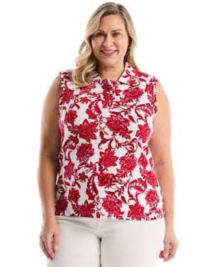 Rafaella Plus Size Botanical Print Ruffle Trim Sleeveless Polo Shirt - Red