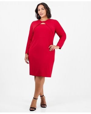 Kasper Plus Size Twist-front 3/4-sleeve Keyhole Dress - Red