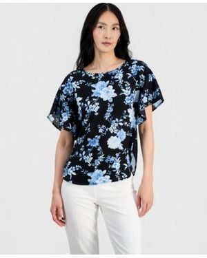 Anne Klein Petite Flutter-sleeve Bateau Neck Blouse - Blue