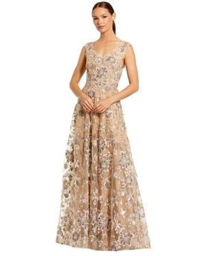 Mac Duggal Floral Embroidered Sleeveless V Neck Gown - Metallic