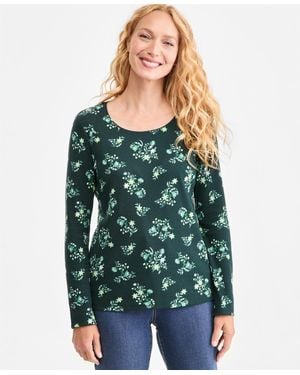 Style & Co. Petite Floral-print Long-sleeve Scoop Neck T-shirt - Green