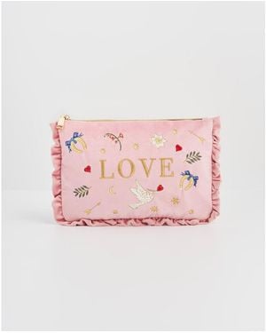 Fable England Love Velvet Embroidered Pouch - Pink