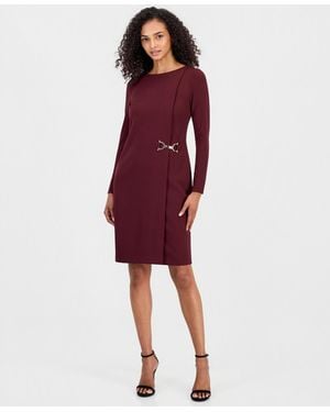 Anne Klein Petite Scuba Crepe Scoop Neck Long Sleeve Sheath Dress - Red