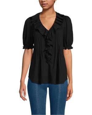 Lands' End Puff Sleeve Slub Ruffle Pintuck Top - Black