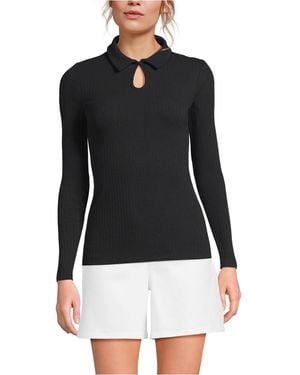 Lands' End Long Sleeve Pointelle Rib Keyhole Polo Top - Black