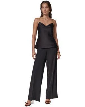 Donna Karan Cowl Neck Sleeveless Chain Link Straps Camisole High Waisted Wide Leg Pants - Black