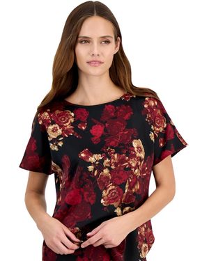 Anne Klein Petite Bateau Neck Floral-print Blouse - Red