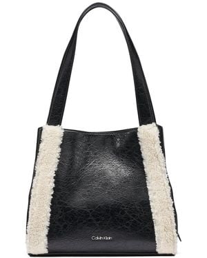 Calvin Klein Masie Faux Leather And Sherpa-trim Medium Tote - Black