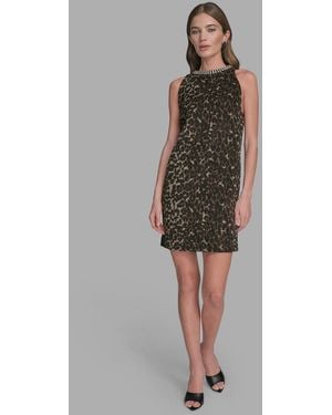 BCBGMAXAZRIA Rhinestone Collar Halter Neck Dress - Brown