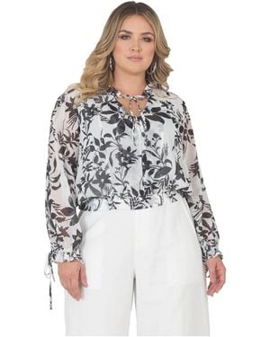 Standards & Practices Plus Size Long Bishop Tie Sleeve Chiffon Blouse - White