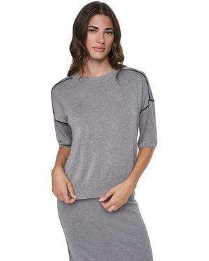 DKNY Short-sleeve Pointelle-mesh Contrast-trim Sweater - Gray