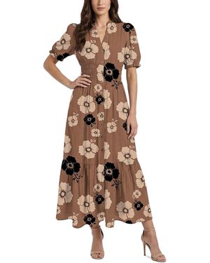 Taylor Floral Print Puff-sleeve Collared Polyester Shirt Dress - Brown