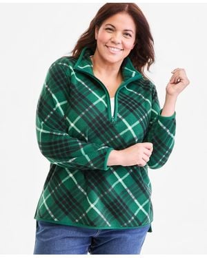Style & Co. Plus Size Mock-neck Quarter-zip Plaid Fleece Pullover Sweatshirt - Green