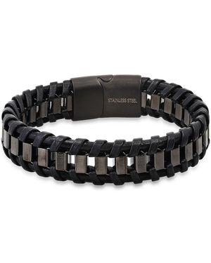Steeltime Leather And Ip Stainless Steel Box Link Braided Bracelet - Black