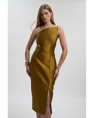 Karen Millen Satin Twill Asymmetric Neck Midi Dress - Green