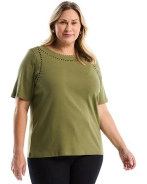 Rafaella Plus Size Pom Trim Detail Short-sleeve Top - Green