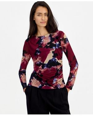 BarIII Long-sleeve Crewneck Ruched Top - Red