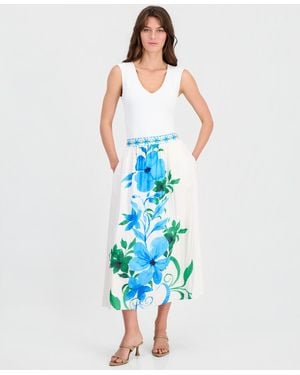 Tahari Placed-floral Pull-on Midi Skirt - Blue