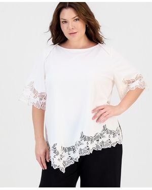 Anne Klein Plus Size Lace-trim Asymmetrical-hem Blouse - White