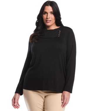 Rafaella Plus Size Split Collar Long Sleeve Top - Black