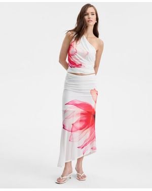 BarIII Asymmetrical Floral-print Midi Skirt - White