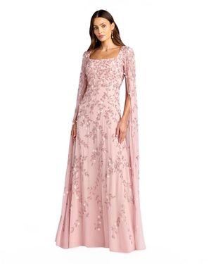 Mac Duggal Embellished Cape Sleeve A-line Mesh Maxi Gown - Pink