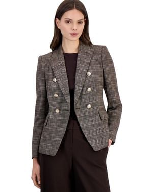 Tahari Double Breasted Plaid Stretch Blazer - Gray