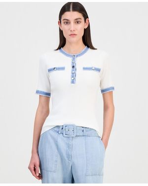 Tahari Denim-trim Ribbed Short-sleeve Top - White