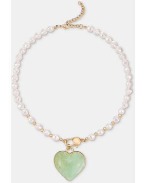 On 34th Heart Imitation Pearl Pendant Necklace - White