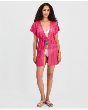 Miken Crochet Tassel Short-sleeve Swim Cover Up Kimono - Red