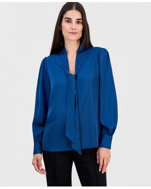 Tahari Tie-neck Long-sleeve Blouse - Blue